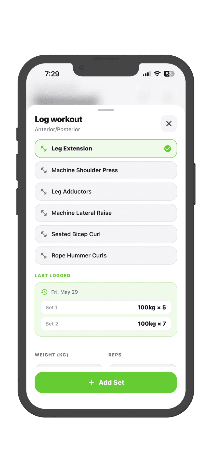 Log workout sheet